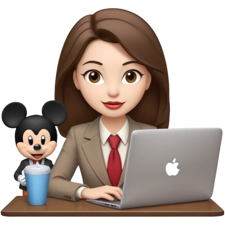 Women in front of one laptop that has a Mickey sticker on it, with a happy face, face fuller, lips plump, full eyebrows, dirty brown hair, light brown big eyes, light pale skin with a iced coffee on the side, business attire, who is typing emoji