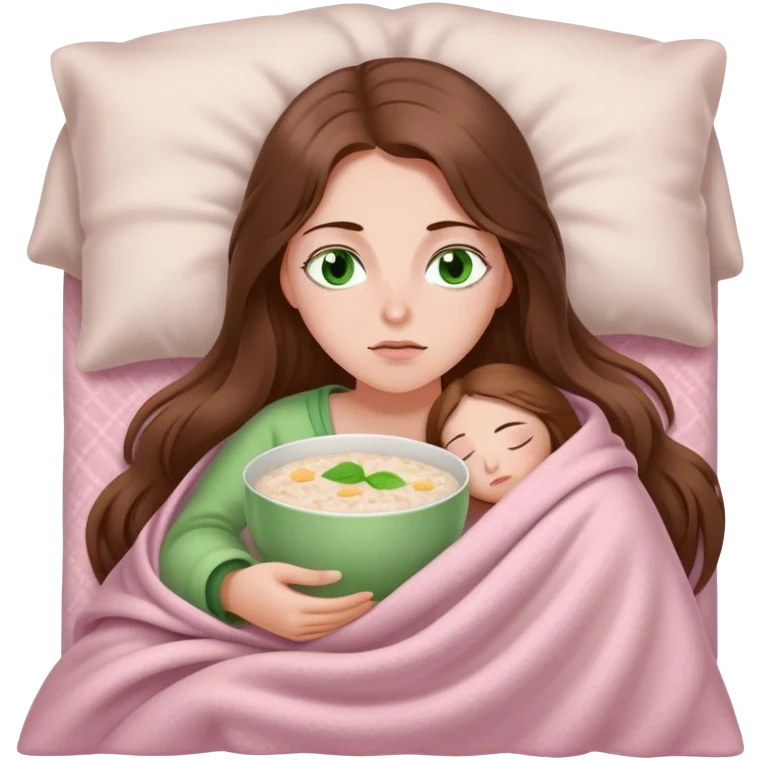 woman with very long brown hair and green eyes in a light pink blanket sleepy with porridge emoji