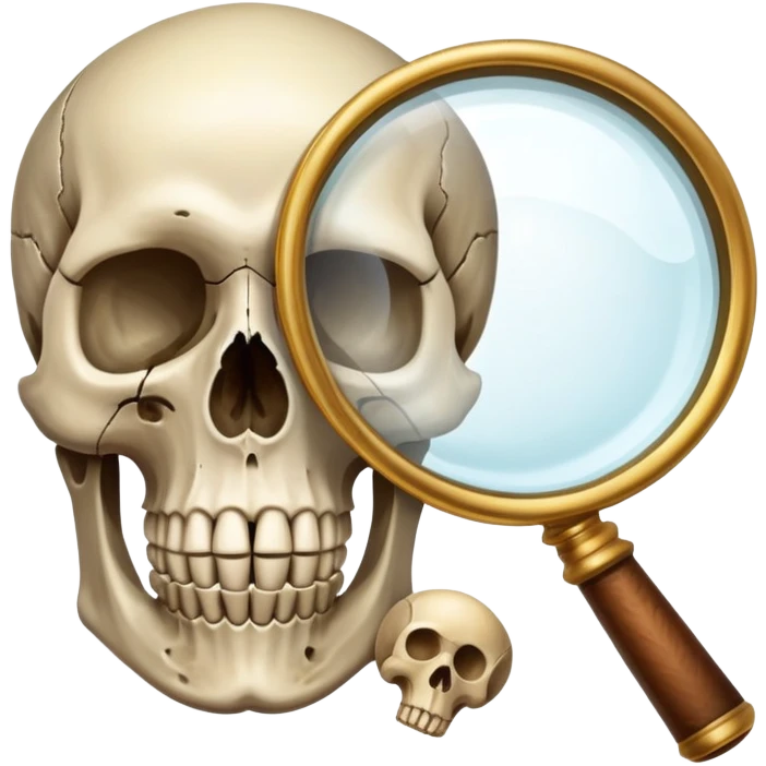 An icon showing a skull and ancient artifacts, representing anthropology. The design features a magnifying glass examining bones, fossils, and cultural symbols, symbolizing the study of human evolution and societies. Transparent background  emoji