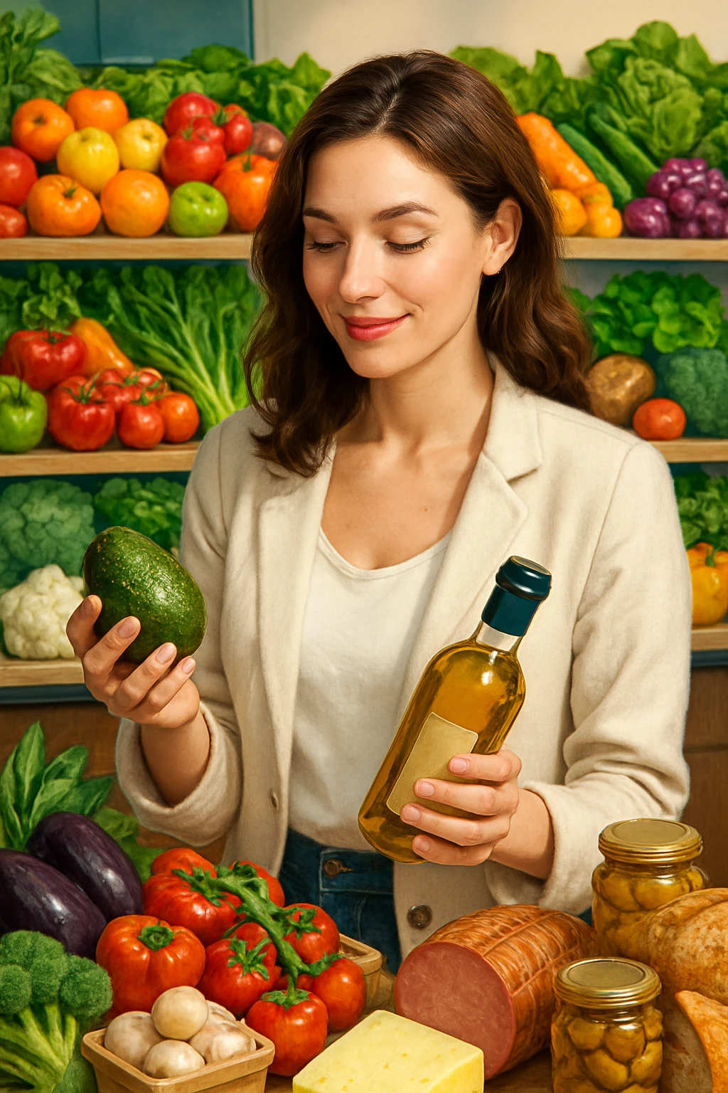 Donna che sta scegliendo quali alimenti di qualità mangiare emoji