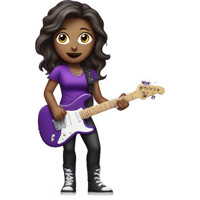 Brunette girl pop rockstar with microphone and electronic guitar purple dressed  emoji