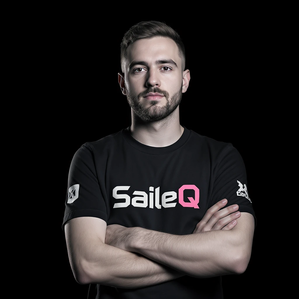 Csgo pro player profile proffesional photo, low key light back light, man standing crossed hands with tshirt with text "SaileQ" black solid background emoji