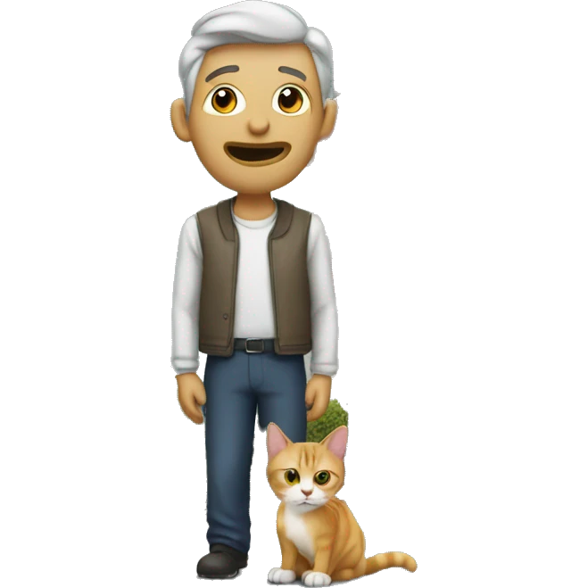 a man and a cat, at behind have a house emoji