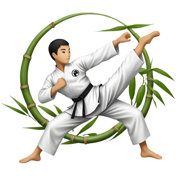 An icon symbolizing Eastern martial arts in the style of an emblem, featuring a black-and-white Yin-Yang symbol at the center. A martial artist is performing a fluid kick, surrounded by elements like a dojo and bamboo. Transparent background highlights balance and harmony. emoji