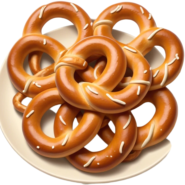 Cinematic Realistic Pretzels Dish Emoji, featuring freshly baked, twisted pretzels with a glossy, salted crust rendered with detailed textures and warm, appetizing lighting. emoji