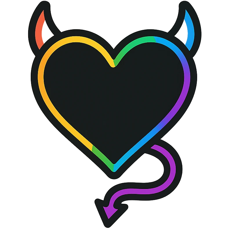 minimalist devil heart icon, black heart with rainbow outline and tail, pride theme emoji