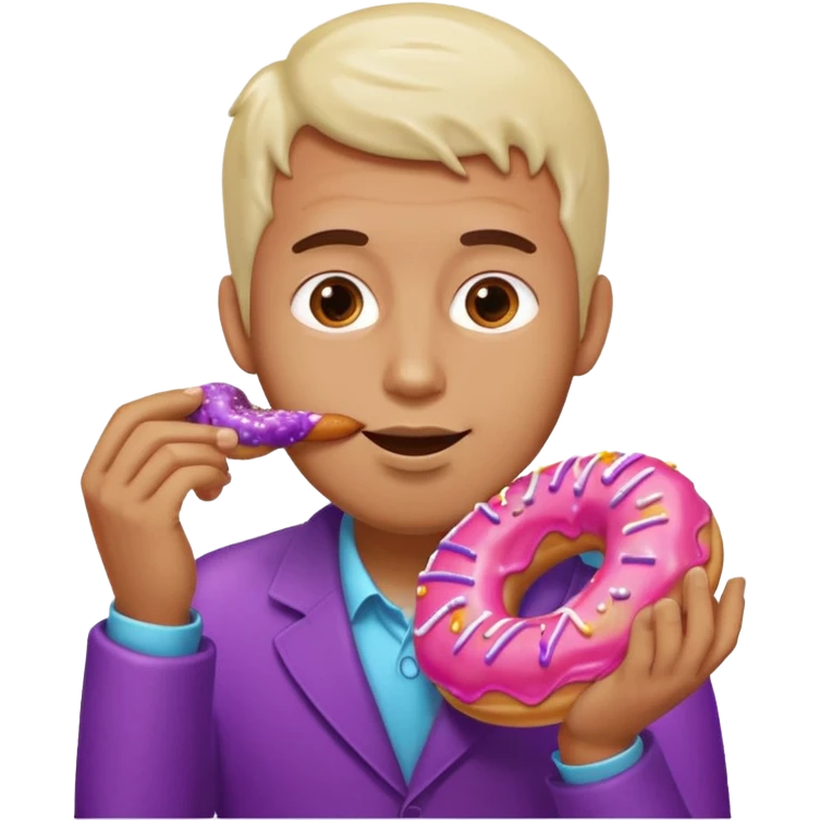 A man eating a pink donut and an eggplant covered in white sauce emoji