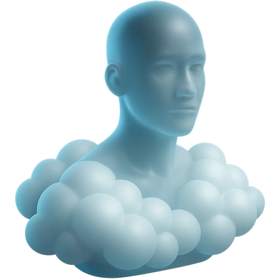 person looking straight ahead, shoulders filled with convex white fluffy clouds, matte glass style emoji