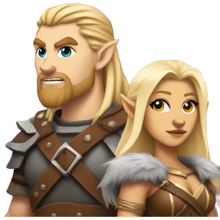 A dungeons and dragons team consisting of a blonde half elf barbarian, and a barbarian Werewolf emoji