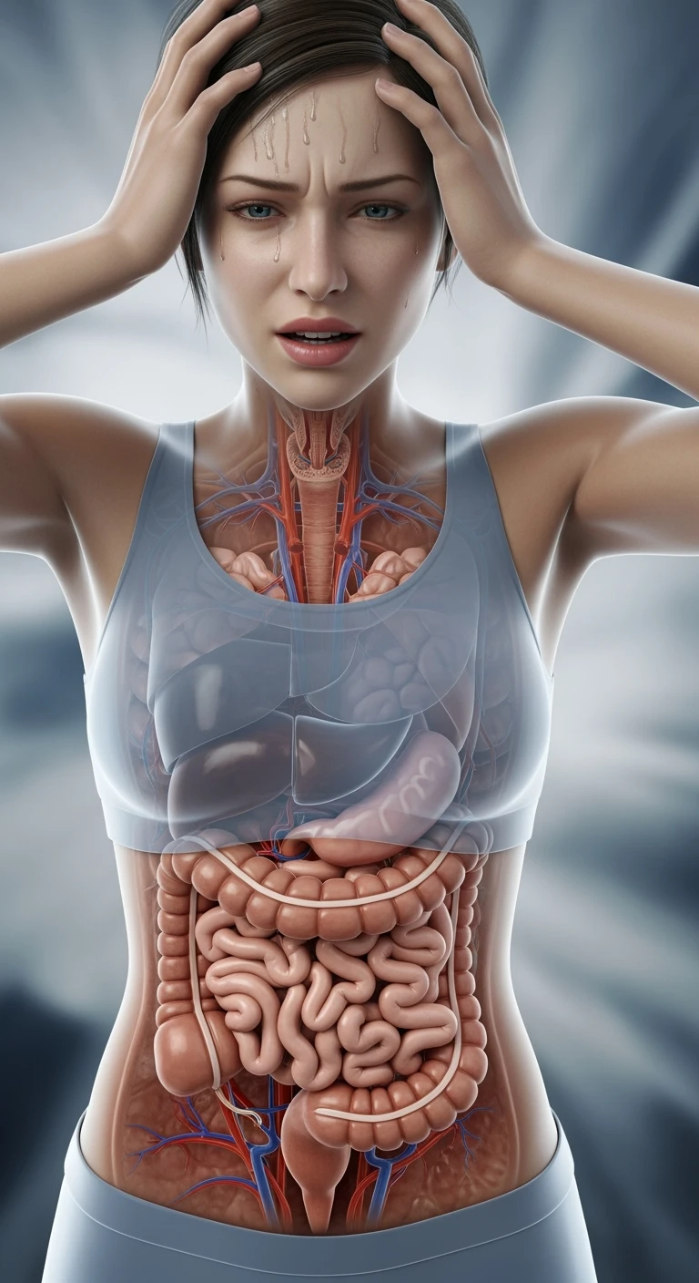 donna stressata con intestino umano anatomico in evidenza, iperrealistica 4k emoji