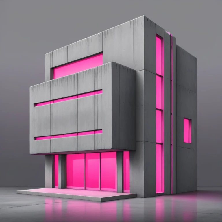Minimalist gray concrete building with one window glowing bright pink, brutalist architecture emoji