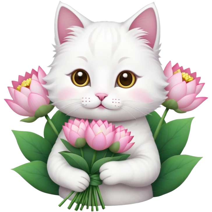 White cat holding a bouquet of lotus flowers emoji