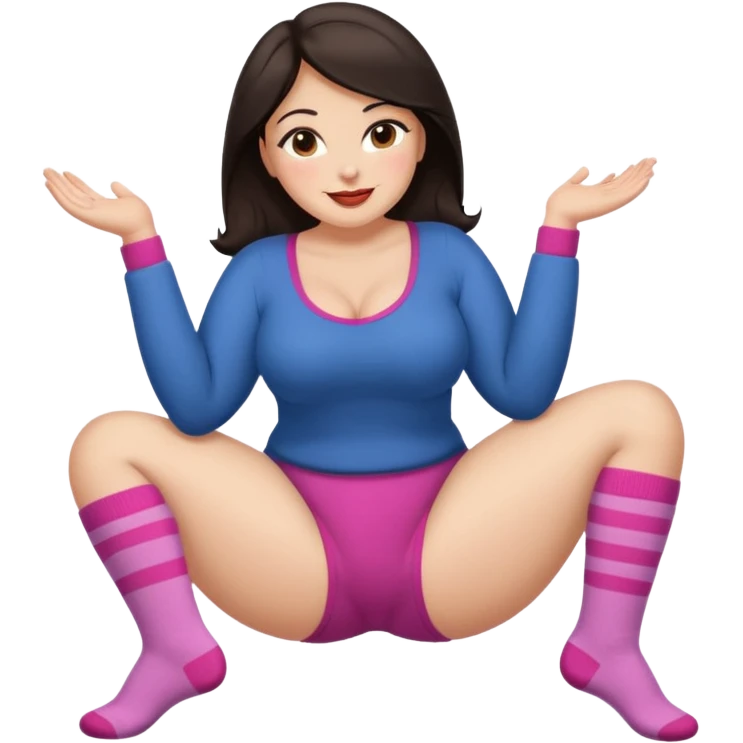 Cute curvy woman dark hair brown eyes big ass big chest skin coloured clothes socks legs up sole facing camera blushing face lip stick smile nervous emoji