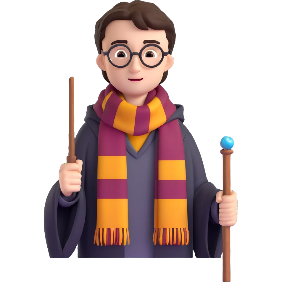 harry potter with wand and hogwarts scarf emoji