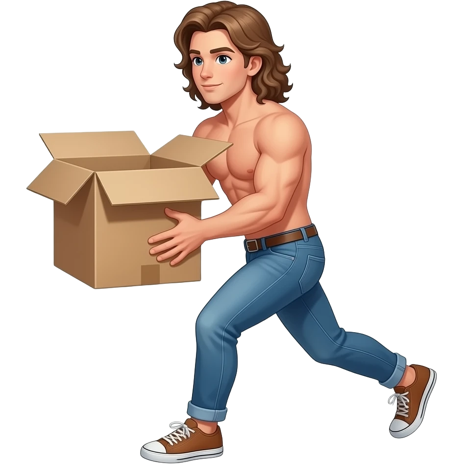 muscular shirtless twink with very long hair, moving cardboard box emoji