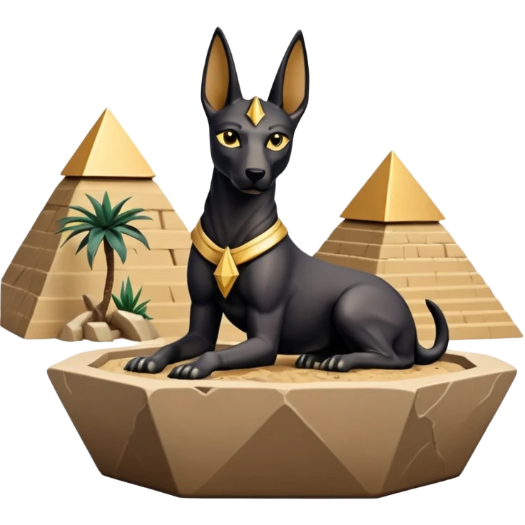 Protecting silky black-haired tiny statuette young miniature scale Anubis and pyramid scenery stone-age cracked irregular dodecagon bonsai pot  emoji