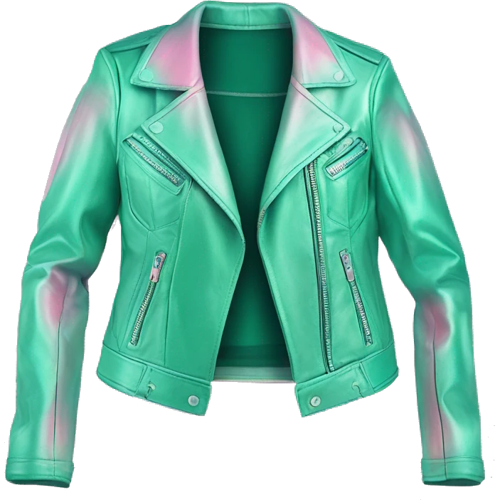 Realistic isolated metallic mint green open leather jacket with mint green,teal,and pink ombre cut out bustier underneath the jacket. emoji