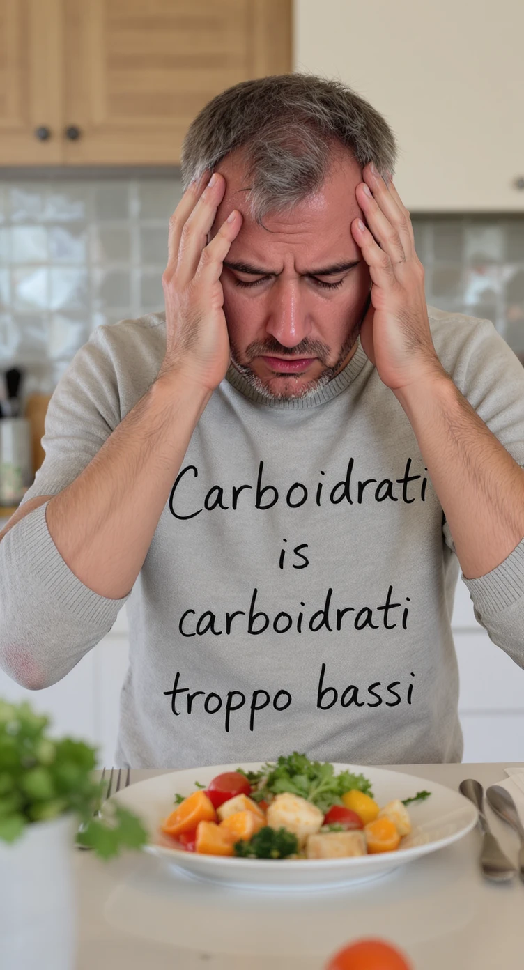 Uomo sui 35 anni in cucina, con espressione affaticata e spenta, guarda un piatto con pochissimi carboidrati (solo qualche verdura e proteine). Accanto a lui, fogli con una dieta rigida e una scritta visibile: 'Carboidrati troppo bassi'. emoji