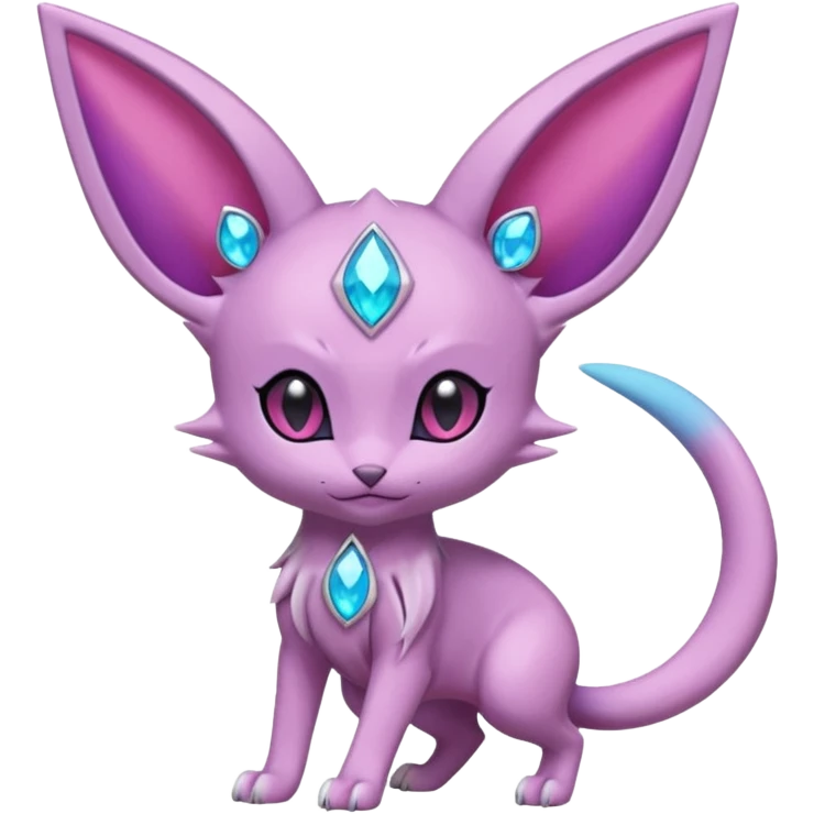 Espeon pokemon, pastel purple body color, dark pink jewel middle of forehead only, end of tail split in two, ear like flaps coming out 
of each cheek, inside of big pointy ears is blue
 (full body) emoji
