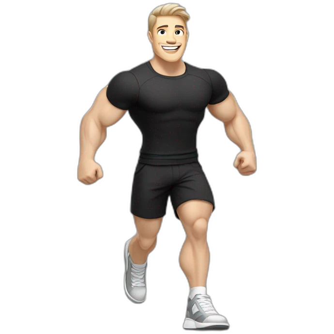 Joyful Celebrating victory Pale skinned Fit Man With the biceps and dark brown hair in black shirt, gray sports shorts and white Sneakers emoji
