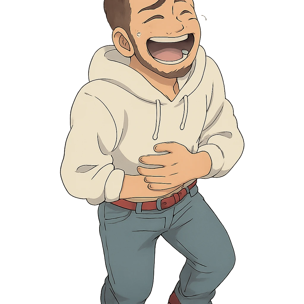 1 male, mid fade haircut dark chestnut brown curly hair, toasted lightskin, white hoodie sleeves up, fashion jeans, red fashion-sneakers shoes, red belt, short trimmed beard and goatee,  style of deku from "my hero academia", laaughing to the point of tears emoji