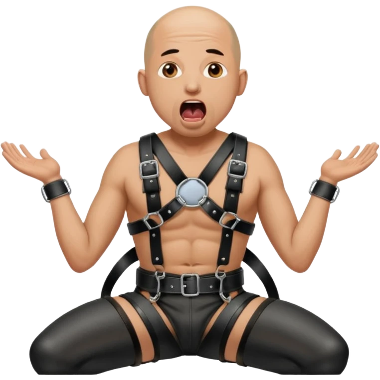 a bald man on his knees in a black leather harness with his mouth open and tongue out being pissed on by another person emoji