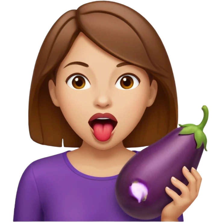 Brown hair light skin woman mouth open about to eat an eggplant emoji