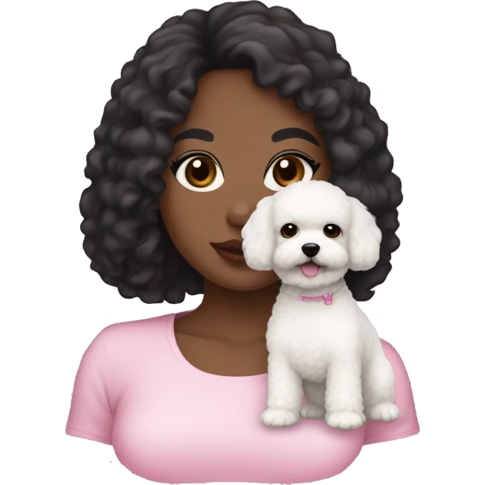 a girl with dark hair, black eyes, white skin, medium curly hair, black eyebrows, wearing pink lipstick, holding a white maltipoo dog, with straight hair  emoji