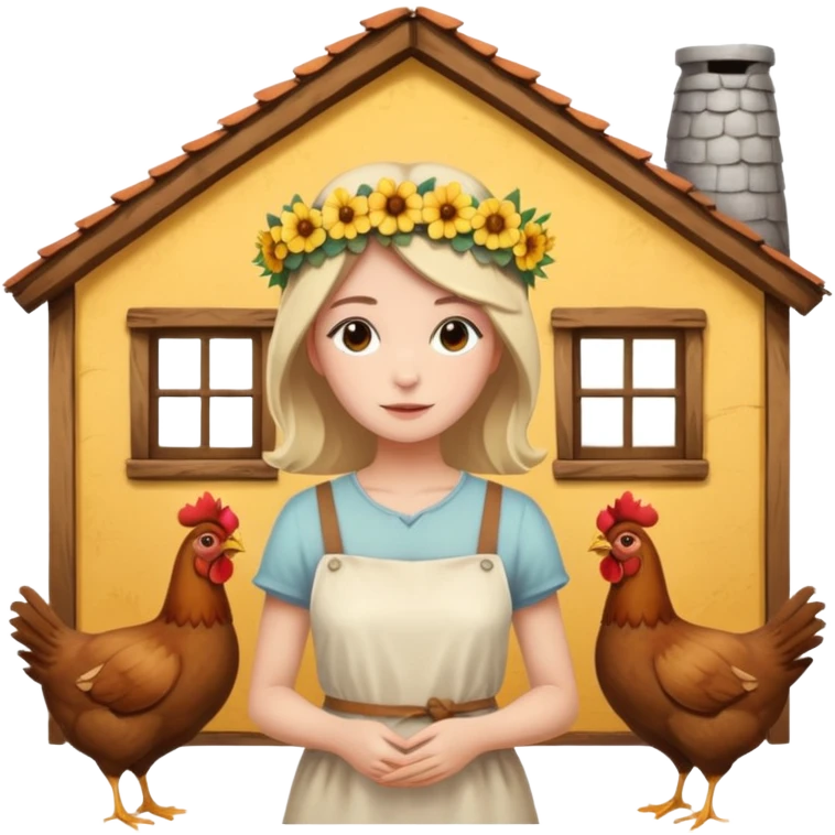 A rustic house with chicken and a hippy life emoji