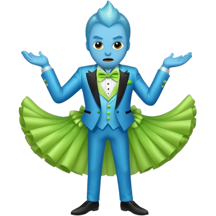 Angry blue banana fruit wearing a sparkly lime green tuxedo and tutu emoji