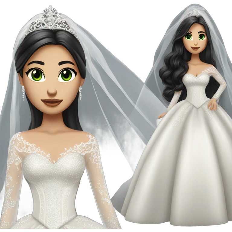 Hyper Realistic ornate ballgown long sleeve Wedding dress with diamanté on Russian bride with light skin and green eyes and long black hair with veil hyper realistic  emoji