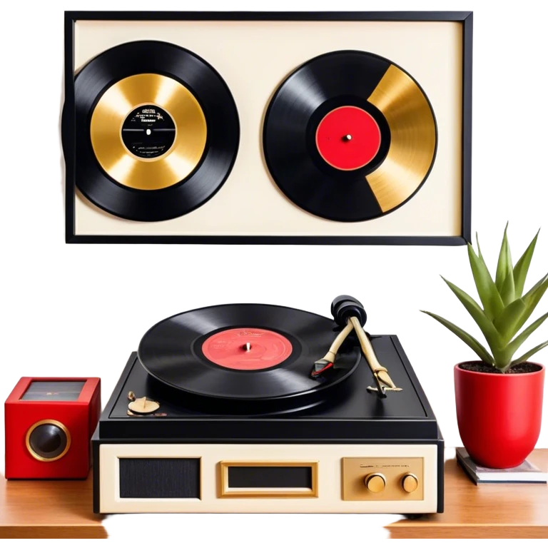 Icon for Vinyl Record Collecting: large black, golden and red vinyl records in decorative packaging featuring artist images, neatly arranged on a wall or shelf, modern vinyl record player. The icon should reflect the aesthetic and artistic aspect of collecting vinyl records. Transparent background. emoji