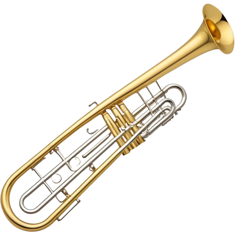 Create a sleek and professional emoji representing the Brahner TB-420 Bb/F tenor trombone. The design should feature the smooth, shiny brass body of the trombone with its distinct curved tubing and large bell. Highlight the tuning slide and the mouthpiece at the top of the instrument. The brass finish should be polished and reflective, with silver accents on the mouthpiece and tuning slide. Add subtle musical notes or soundwaves floating around the trombone to evoke its bold, brassy sound. Use golden and brass tones for the trombone with light reflections to emphasize its high-quality craftsmanship. The background should be transparent. emoji