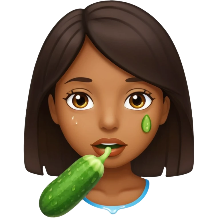 Brown skinned girl with dark hair with cucumber in her mouth with slight drops of water coming out of her mouth emoji