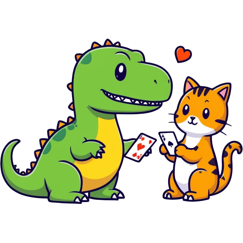 Dinosaur playing card game with a cat emoji