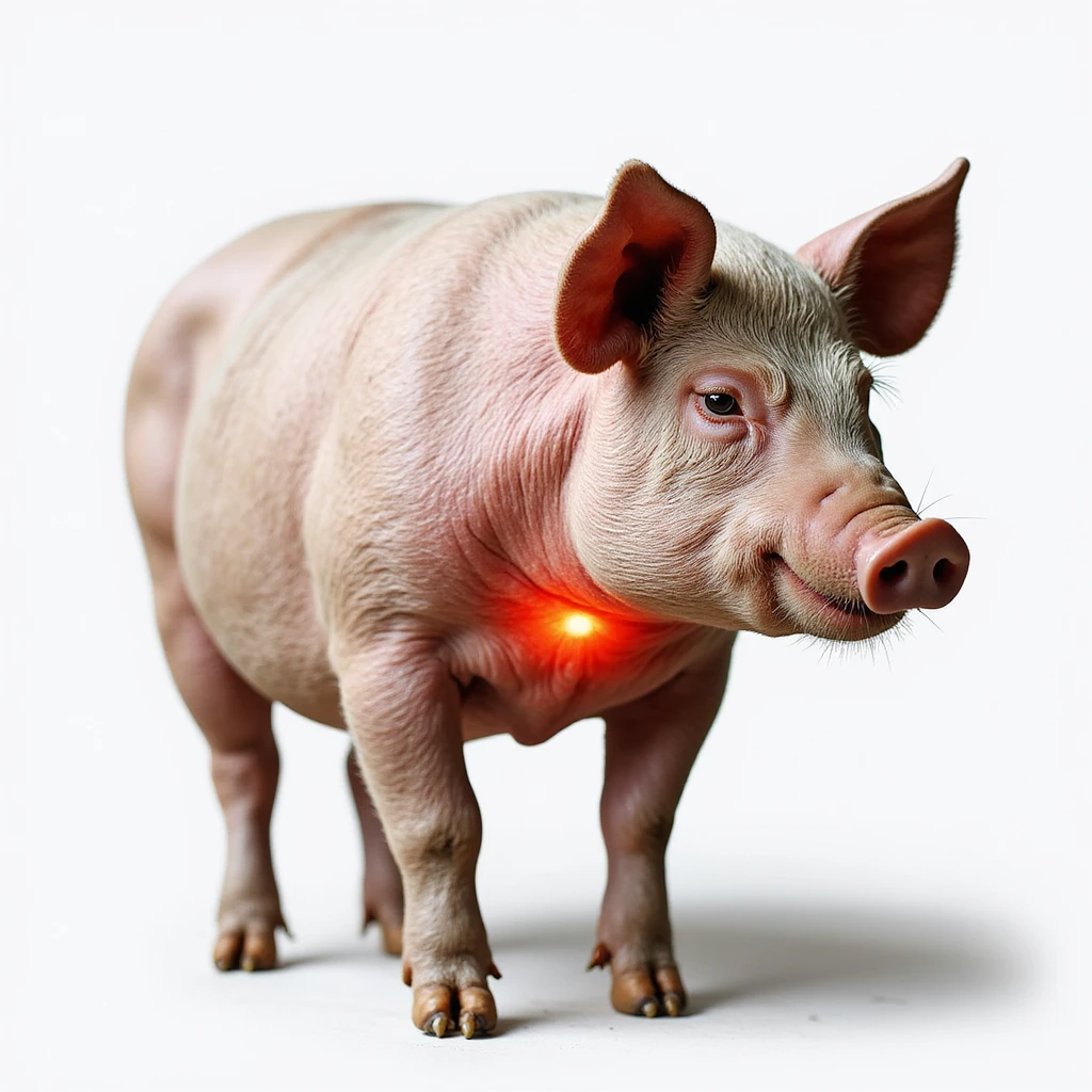 Realistic pig on isolated white background, thyroid area on neck highlighted in red, clear anatomical details, hyperrealism, 4K quality, three-quarter view emoji