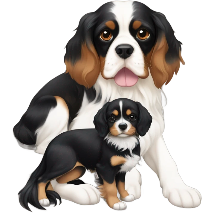 A tricolor cavalier King Charles spaniel sitting beside a black German shepherd   emoji