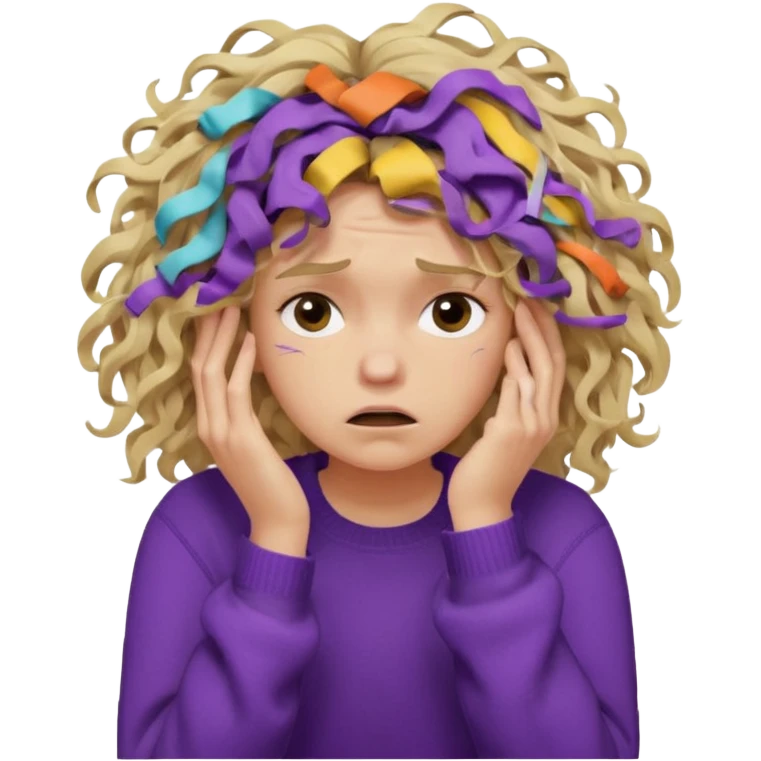 Emoji-style illustration of a frustrated young woman, messy, tangled, curly tousled blonde hair, clearly unkempt and chaotic, wearing a purple sweater, holding her face in her hands, expressing annoyance and disappointment, cartoonish, expressive, simple lines, flat colors, clear silhouette,  emoji