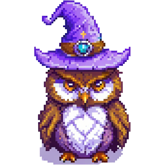 wise owl with a purple wizard hat in pixel art style emoji
