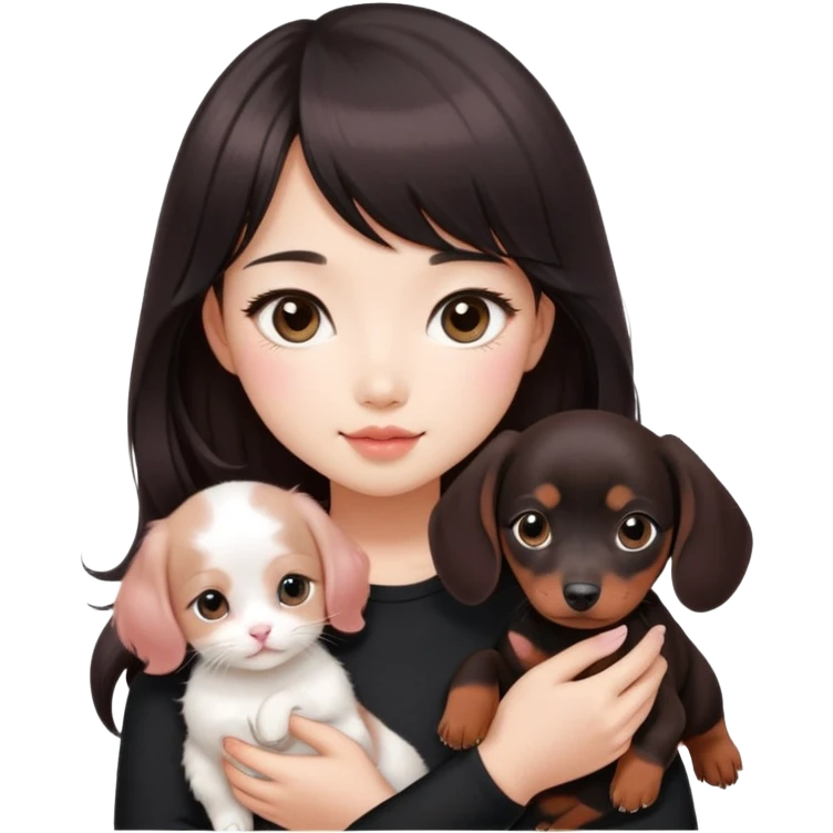 Asain girl with pink blush, wearing a black skinny top, long dark brown curled hair with straight bangs. Carrying a white kitten and a brown dashund puppy.  emoji