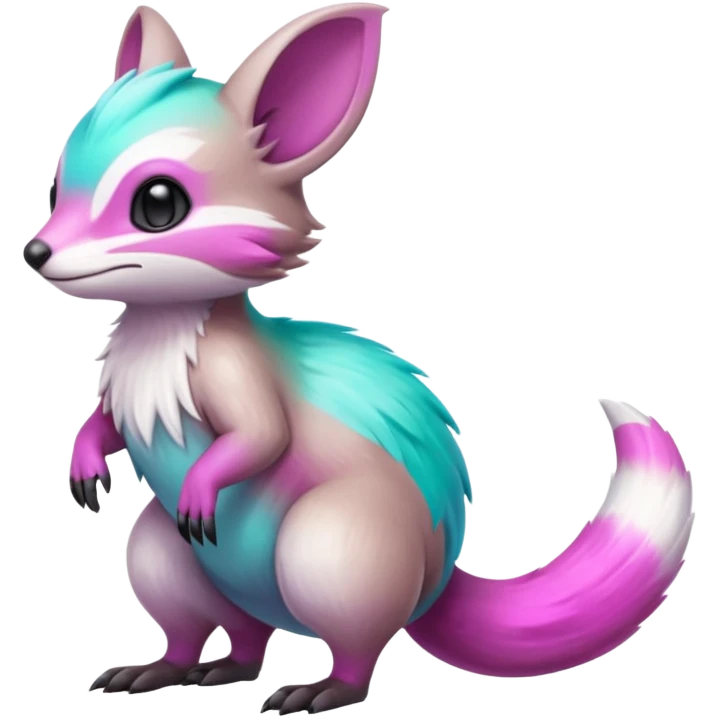 Iridescent Neon Green-Cyan-Magenta-gradients Minccino-Emolga-Numbat-Sergal-fusion-hybrid-animal-creature, full body emoji