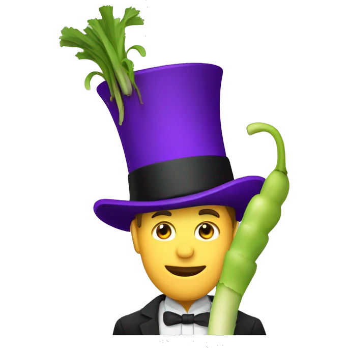 White man wearing a Top Hat with a purple band holding a leek emoji