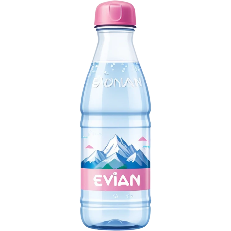 Evian branded water bottle with pink cap, clear plastic bottle showing the distinctive Evian mountain logo emoji