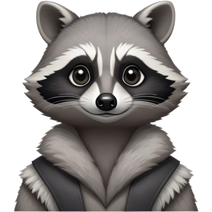 Cinematic-Noble-Raccoon-Portrait-Emoji – Poised and confident, with a sturdy build and a beautifully textured fur of silver-grey accented by dark black facial markings, deep-set, large big black eyes revealing no white, simplified yet sharp and sophisticated zoom out to show shoulders emoji