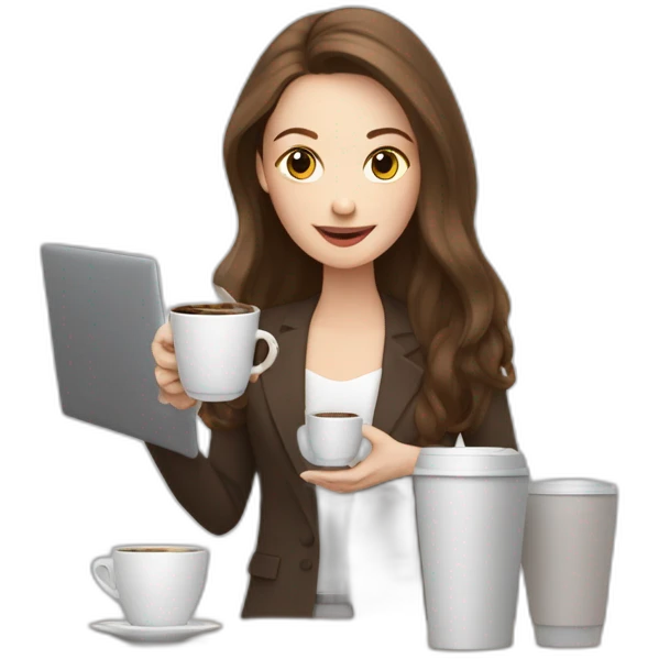 woman with pale skin and long brown hair behind a computer juggling with coffee cups emoji