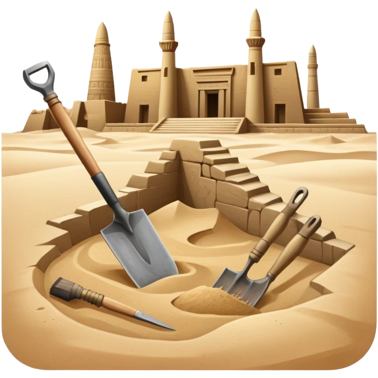 An icon showing archaeological tools—trowel, brush, and pickaxe—laid out on the sand, with the ancient Karnak temple ruins in the background. The design symbolizes exploration and discovery of ancient Egyptian history. Transparent background emoji