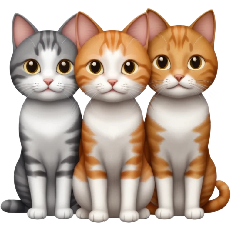 3 different coloured tiny short haired cats, including a dark grey and white cat, a ginger and white and a brown tabby and white emoji