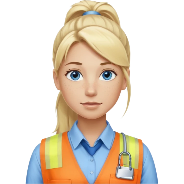 Just a head, blonde hair with lowlights in a ponytail, blue eyes, some freckles, a little older female ready to get some tasks done at work emoji
