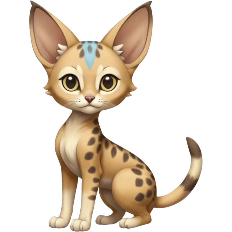 Big-eared big-eyed cute realistic animalistic feral digitigrade 4-legged anime-styled Sphynx-Meloetta-Trico-Vernid-Sergal-Serval-hybrid-fusion-creature-animal, full body emoji