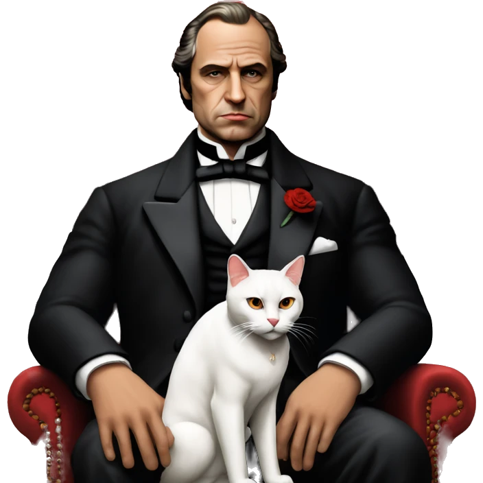 don corleone as a mafia boss sitting on a red chair petting a white cat on his lap emoji